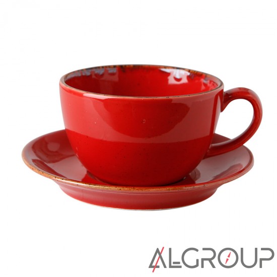 Набор чашка чайная 320 мл красная + блюдце 15 см, Porland (Порланд), 222134 18379